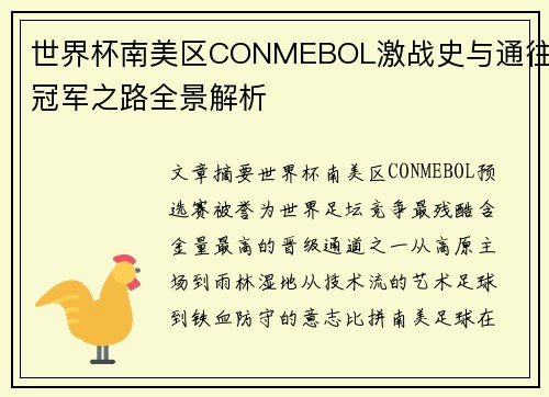世界杯南美区CONMEBOL激战史与通往冠军之路全景解析